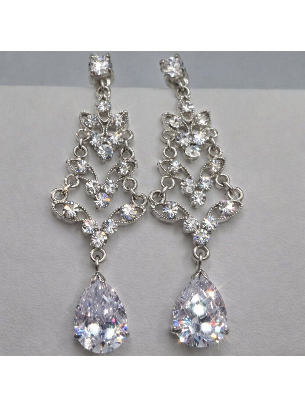 Cubic Zirconia CZ Silver-Tone Chandelier Drop Earrings Bridal Wedding Party
